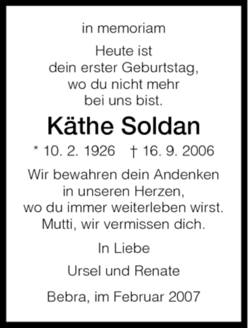Todesanzeige von Kaethe Soldan von HNA