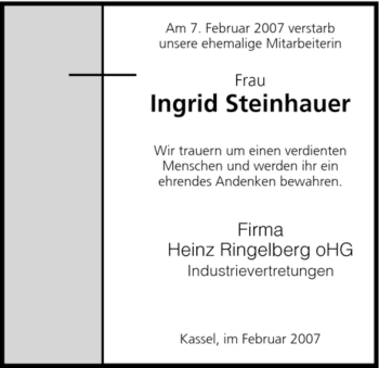 Todesanzeige von Ingrid Steinhauer von HNA