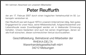Todesanzeige von Peter Reuffurth von HNA