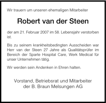 Todesanzeige von Robert van der Steen von HNA