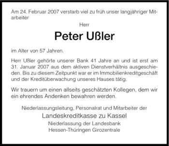 Todesanzeige von Peter Ussler von HNA