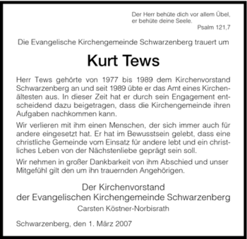 Todesanzeige von Kurt Tews von HNA