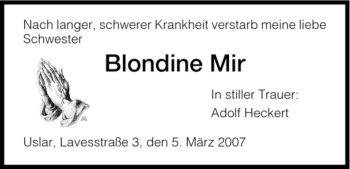 Todesanzeige von Blondine Mir von HNA