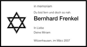 Todesanzeige von Bernhard Frenkel von HNA