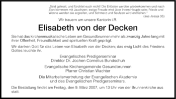 Todesanzeige von Elisabeth von der Decken von HNA