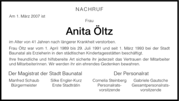 Todesanzeige von Anita Öltz von HNA