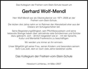 Todesanzeige von Gerhard Wolf-Mendl von HNA