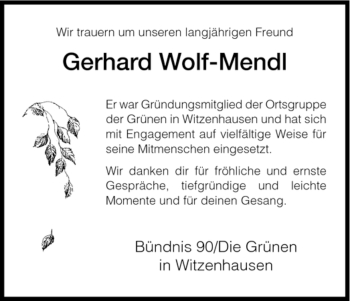 Todesanzeige von Gerhard Wolf-Mendl von HNA