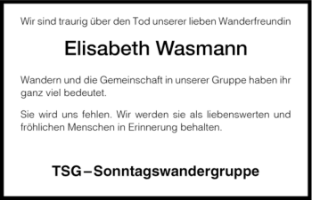 Todesanzeige von Elisabeth Wasmann von HNA