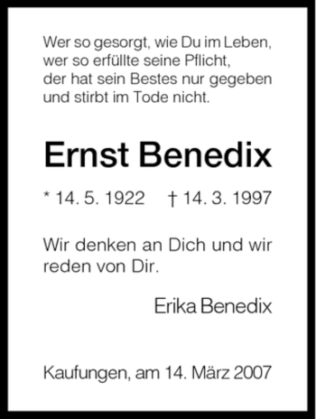 Todesanzeige von Ernst Benedix von HNA