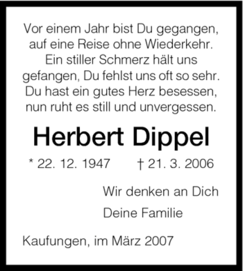 Todesanzeige von Herbert Dippel von HNA
