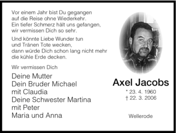 Todesanzeige von Axel Jacobs von HNA