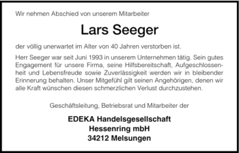 Todesanzeige von Lars Seeger von HNA