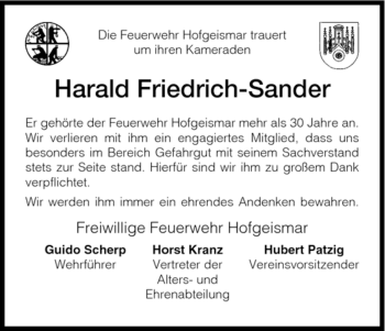 Todesanzeige von Harald Friedrich-Sander von HNA