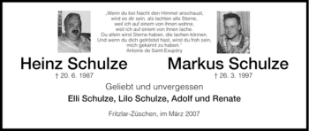 Todesanzeige von Heinz und Markus Schulze von HNA
