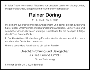 Todesanzeige von Rainer Döring von HNA