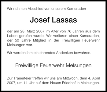 Todesanzeige von Josef Lassas von HNA