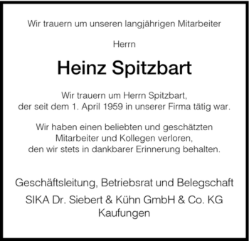 Todesanzeige von Heinz Spitzbart von HNA
