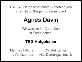 Todesanzeige von Agnes Davin von HNA