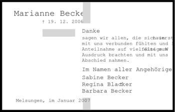 Todesanzeige von Marianne Becker von HNA