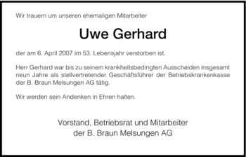 Todesanzeige von Uwe Gerhard von HNA