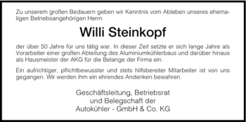 Todesanzeige von Willi Steinkopf von HNA
