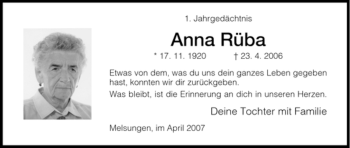 Todesanzeige von Anna Rüba von HNA