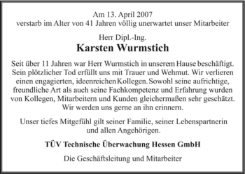 Todesanzeige von Karsten Wurmstich von HNA