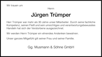 Todesanzeige von Jürgen Trümper von HNA