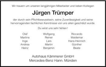 Todesanzeige von Jürgen Trümper von HNA