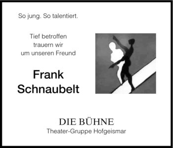 Todesanzeige von Frank Schnaubelt von HNA