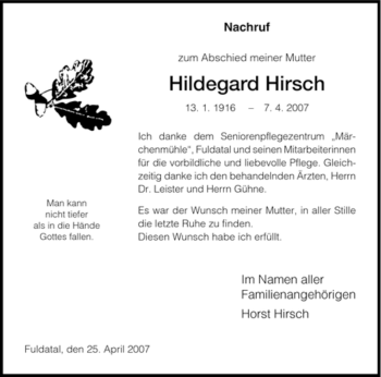 Todesanzeige von Hildegard Hirsch von HNA