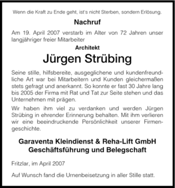 Todesanzeige von Jürgen Strübing von HNA