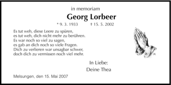 Todesanzeige von Georg Lorbeer von HNA