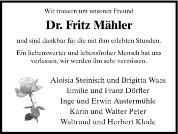Todesanzeige von Fritz Mähler von HNA