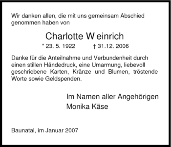 Todesanzeige von Charlotte Weinrich von HNA