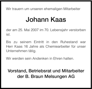 Todesanzeige von Johann Kaas von HNA
