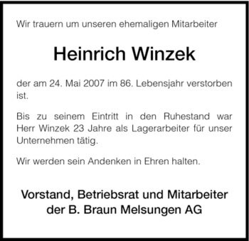 Todesanzeige von Heinrich Winzek von HNA