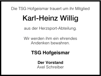 Todesanzeige von Karl-Heinz Willig von HNA