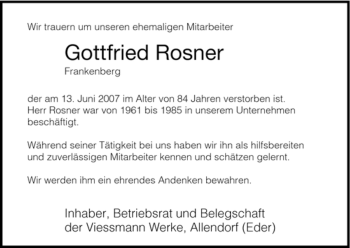Todesanzeige von Gottfried Rosner von HNA