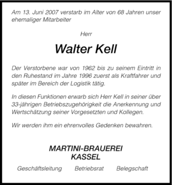Todesanzeige von Walter Kell von HNA