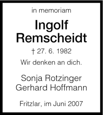 Todesanzeige von Ingolf Remscheidt von HNA