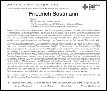 Todesanzeige von Friedrich Sostmann von HNA