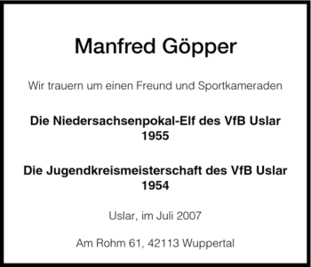 Todesanzeige von Manfred Göpper von HNA