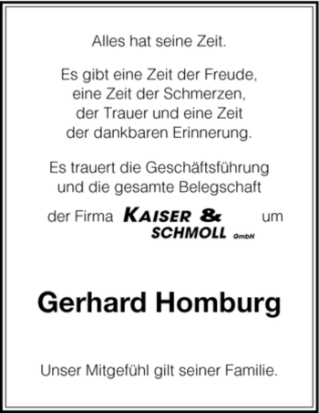 Todesanzeige von Gerhard Homburg von HNA