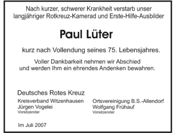 Todesanzeige von Paul Lueter von HNA
