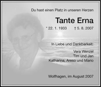 Todesanzeige von Tante Erna von HNA