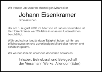 Todesanzeige von Johann Eisenkramer von HNA