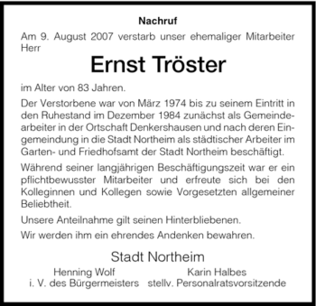 Todesanzeige von Ernst Tröster von HNA