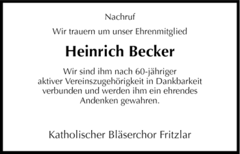 Todesanzeige von Heinrich Becker von HNA